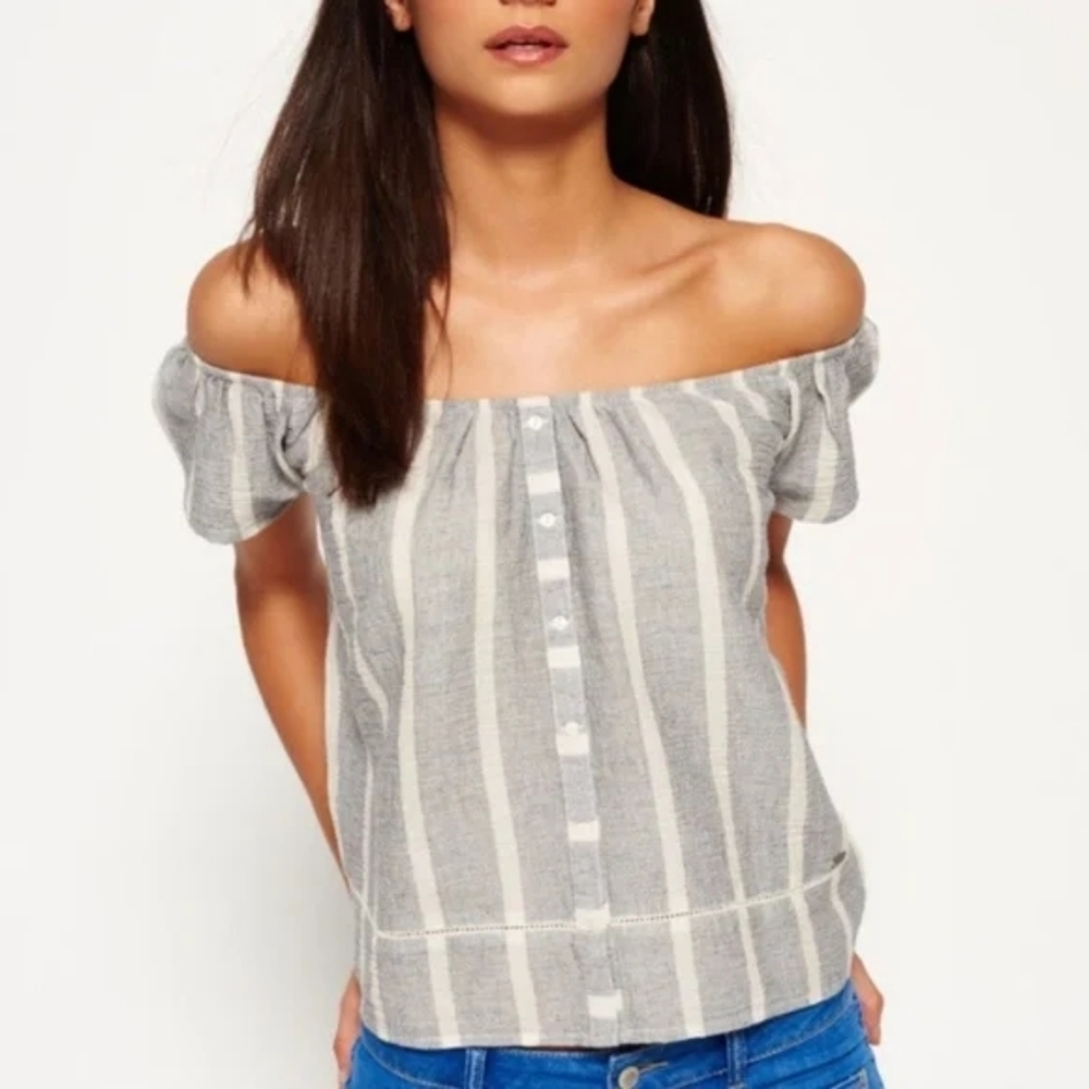 Superdry Bardot Blue/Gray Off-Shoulder Peasant Boho Top Size Medium Cottagecore